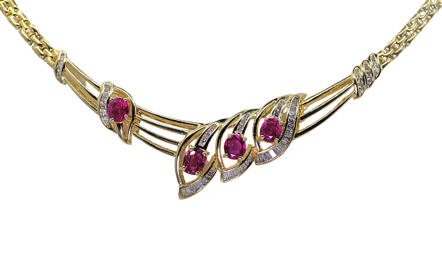 18K Yellow Gold Natural Diamond & Ruby Necklace   