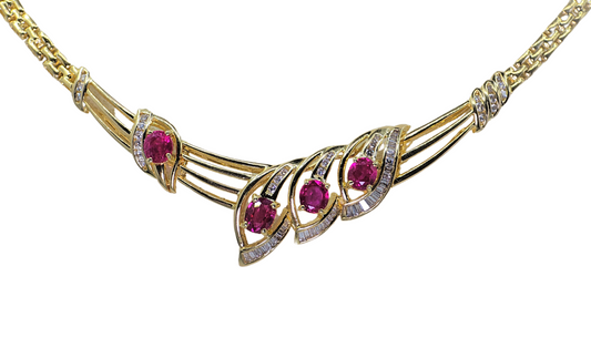 18K Yellow Gold Natural Diamond & Ruby Necklace   