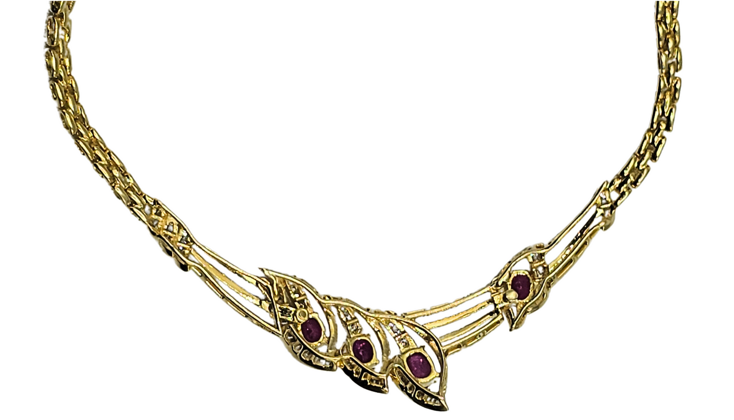 18K Yellow Gold Natural Diamond & Ruby Necklace   