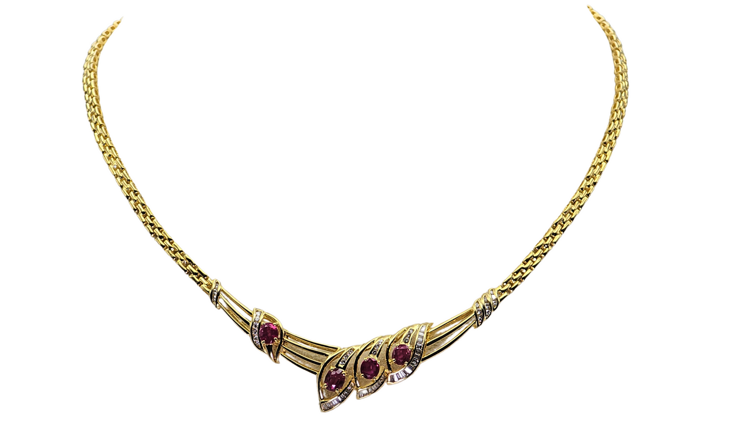 18K Yellow Gold Natural Diamond & Ruby Necklace   