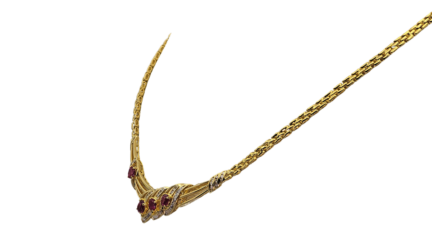 18K Yellow Gold Natural Diamond & Ruby Necklace   