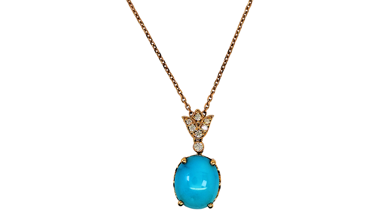 18k Rose Gold Pendant With Turquoise and Diamond With 18K Rose Gold Chain