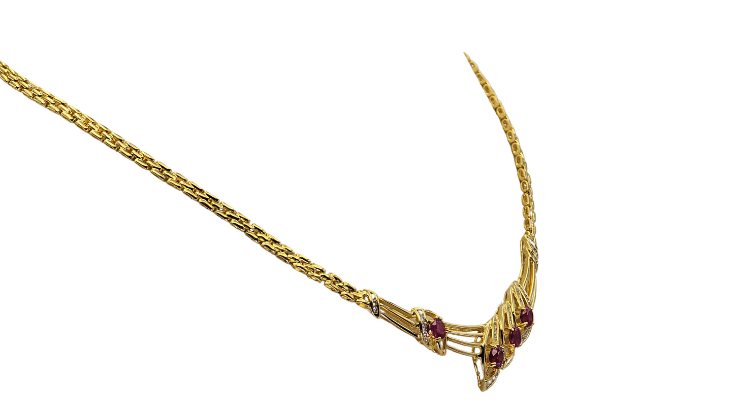 18K Yellow Gold Natural Diamond & Ruby Necklace   