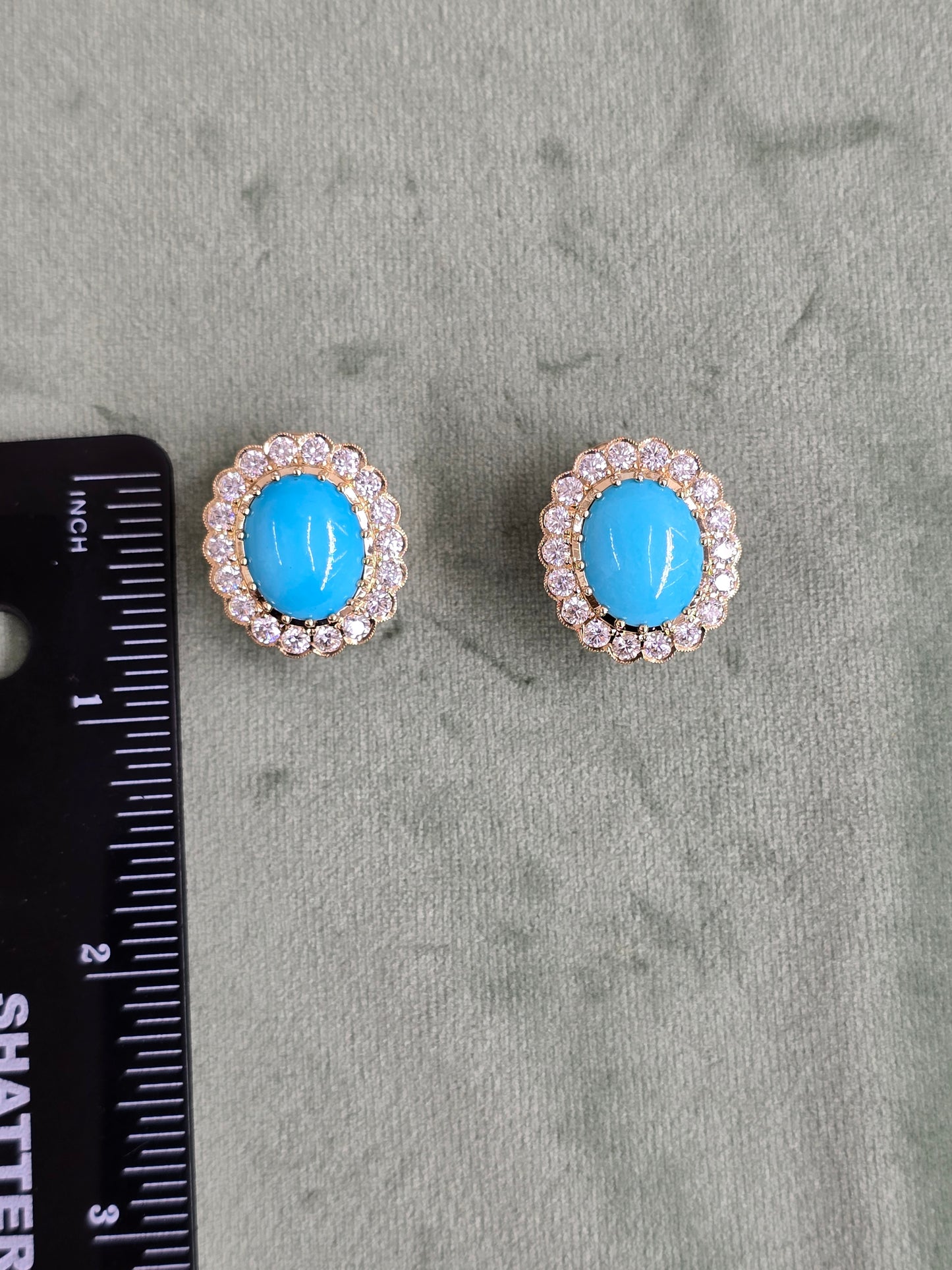 18K Natural Persian Turquoise Diamond Earrings Women Omega Back Style