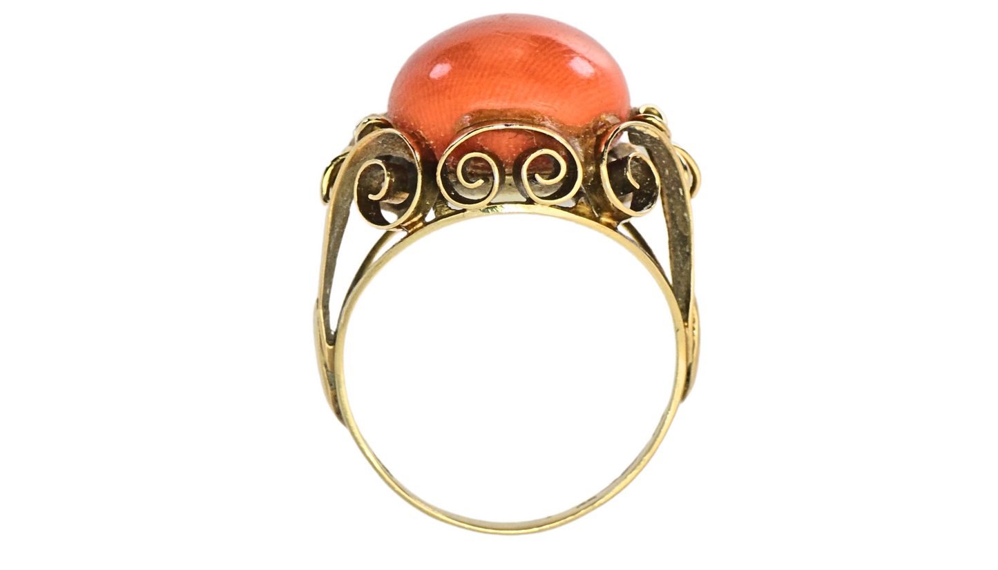 14k Yellow Gold & Vintage - Old Ring, 7 Ct Natural Coral Stone, Size 6.5, 4.9 G