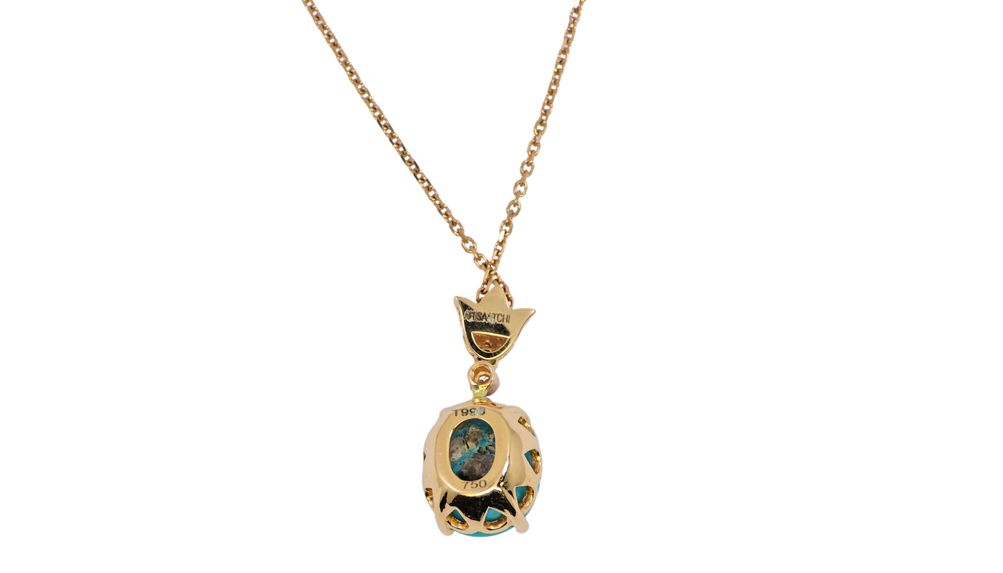 18k Rose Gold Pendant With Turquoise and Diamond With 18K Rose Gold Chain