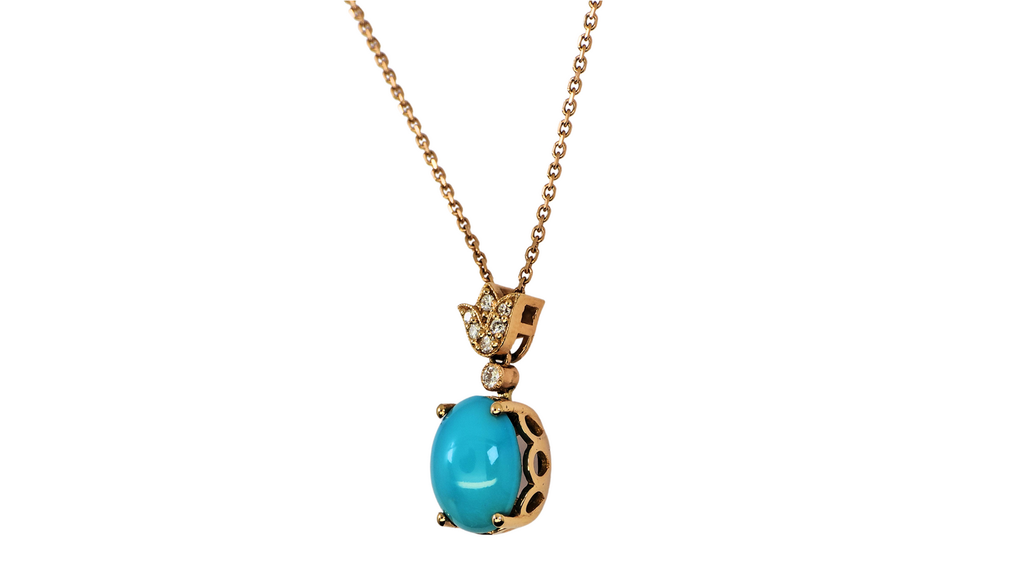 18k Rose Gold Pendant With Turquoise and Diamond With 18K Rose Gold Chain