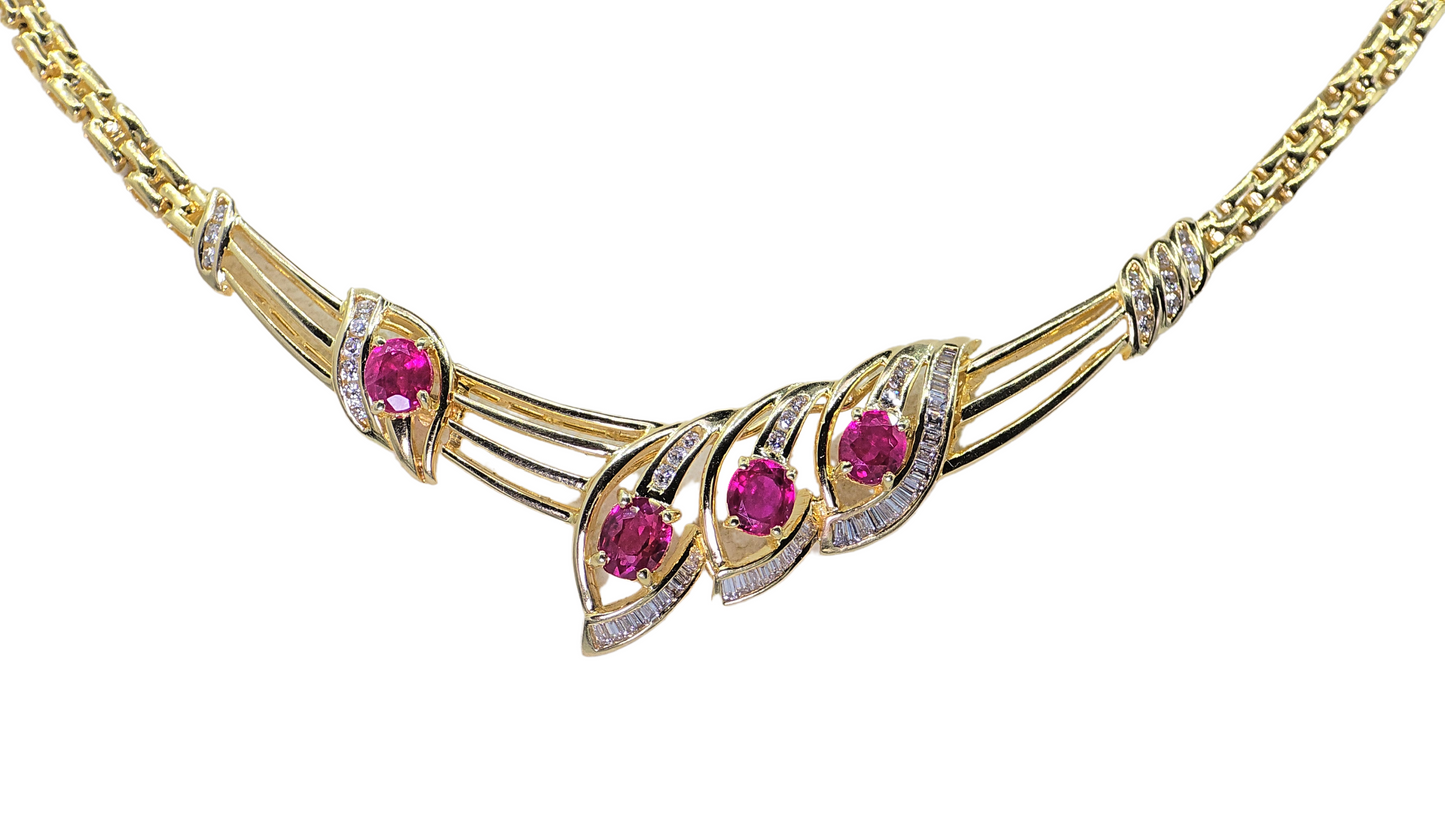 18K Yellow Gold Natural Diamond & Ruby Necklace   