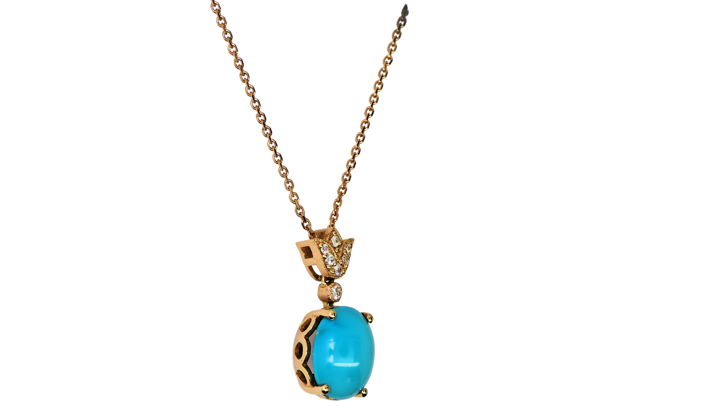 18k Rose Gold Pendant With Turquoise and Diamond With 18K Rose Gold Chain