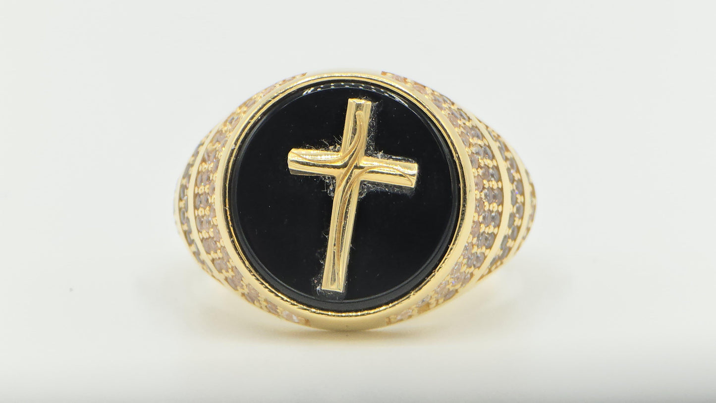 14K yellow gold cross onyx ring