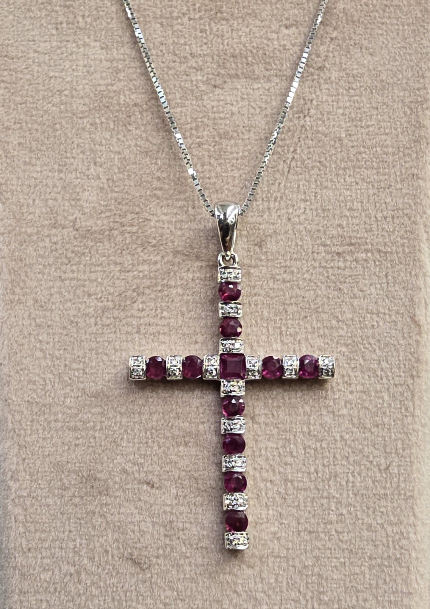 14k Natural Diamond and Ruby Cross Necklace