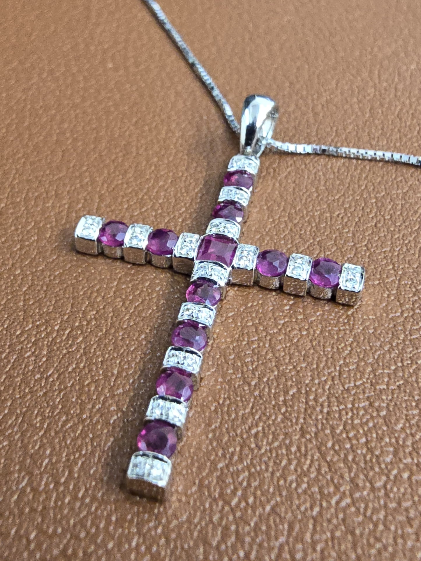 14k Natural Diamond and Ruby Cross Necklace