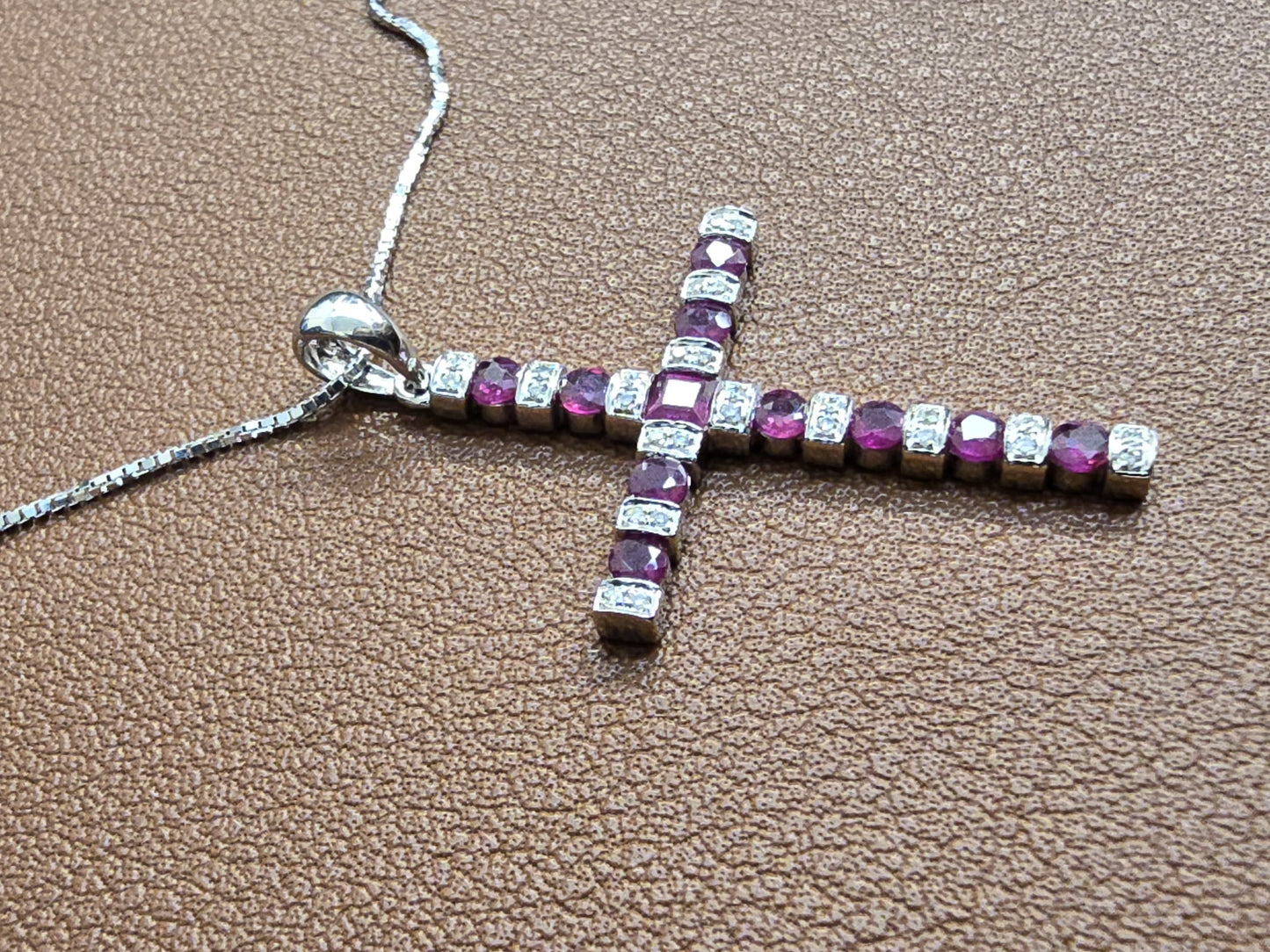 14k Natural Diamond and Ruby Cross Necklace