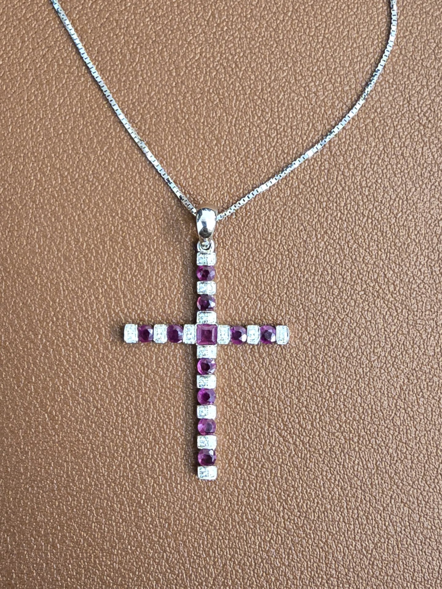 14k Natural Diamond and Ruby Cross Necklace