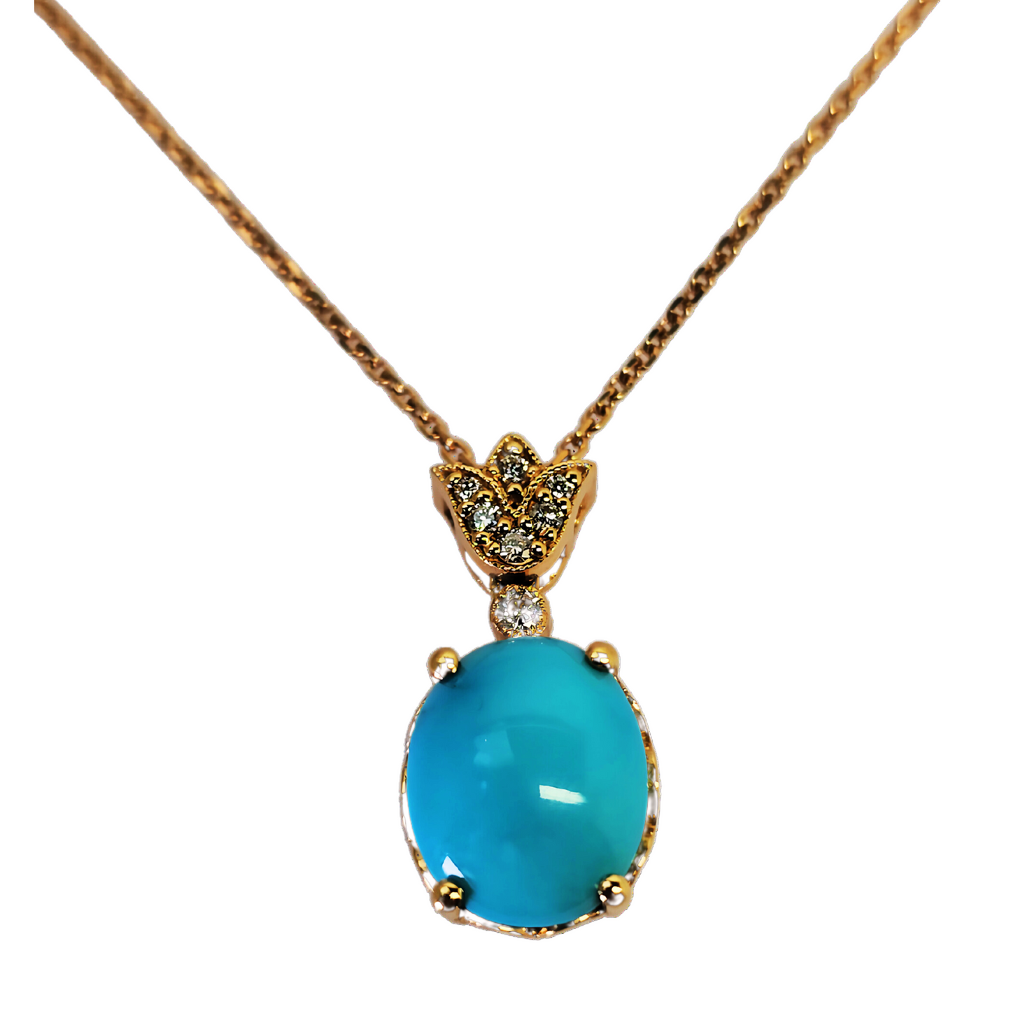 18k Rose Gold Pendant With Turquoise and Diamond With 18K Rose Gold Chain
