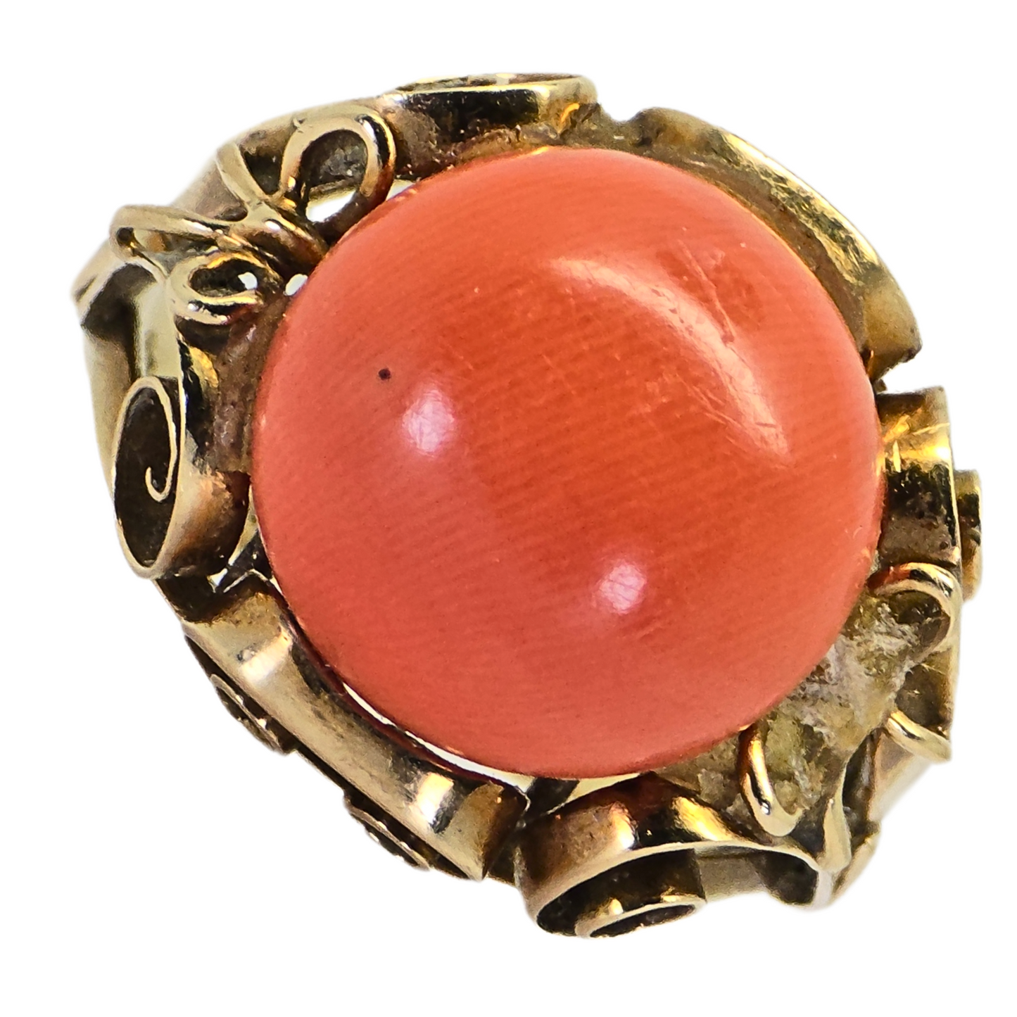 14k Yellow Gold & Vintage - Old Ring, 7 Ct Natural Coral Stone, Size 6.5, 4.9 G