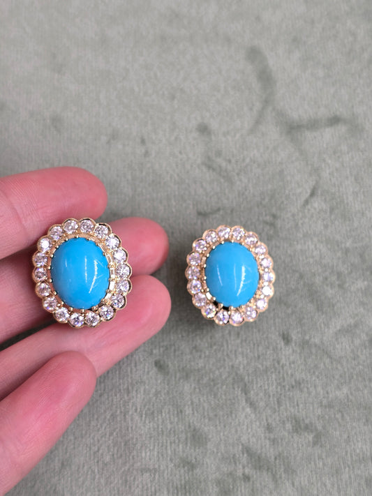 18K Natural Persian Turquoise Diamond Earrings Women Omega Back Style