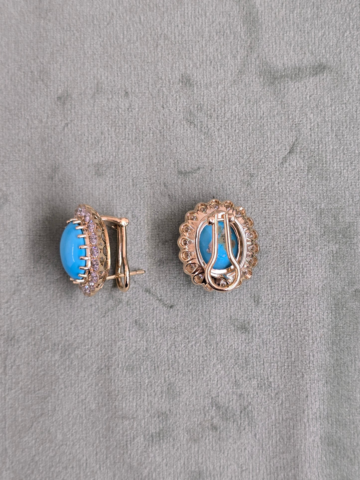 18K Natural Persian Turquoise Diamond Earrings Women Omega Back Style